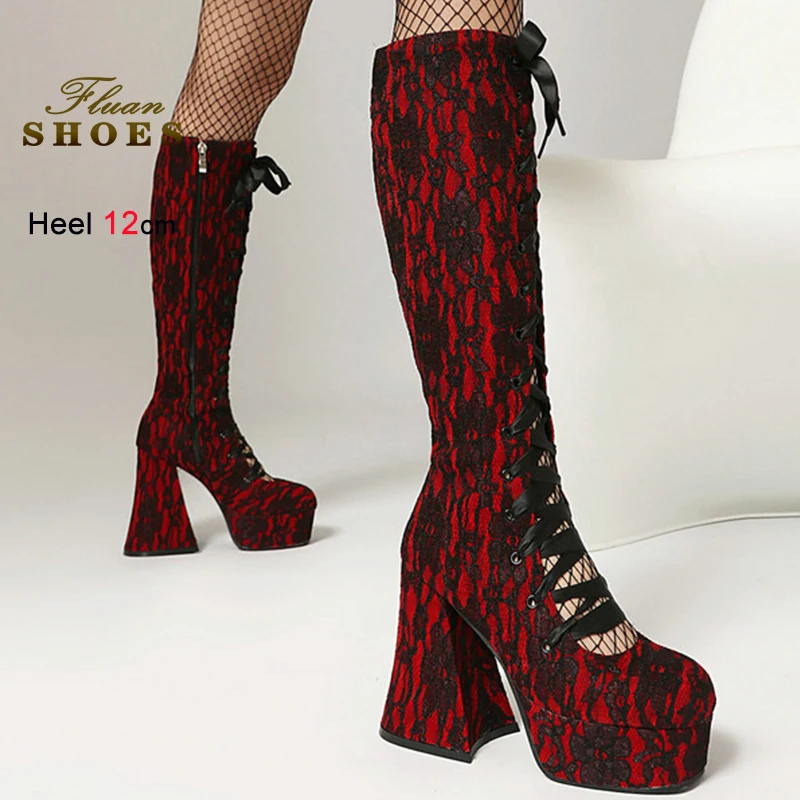 Модные осенне-зимние черные женские сапоги до колена с боковой молнией и шнуровкой, длинные сапоги, странный высокий каблук 12 см, платформа 3,6 см, размер 43
Модные осенне-зимние черные женские сапоги до колена с боковой молнией и шнуровкой, длинные сапоги, странный высокий каблук 12 см, платформа 3,6 см, размер 43