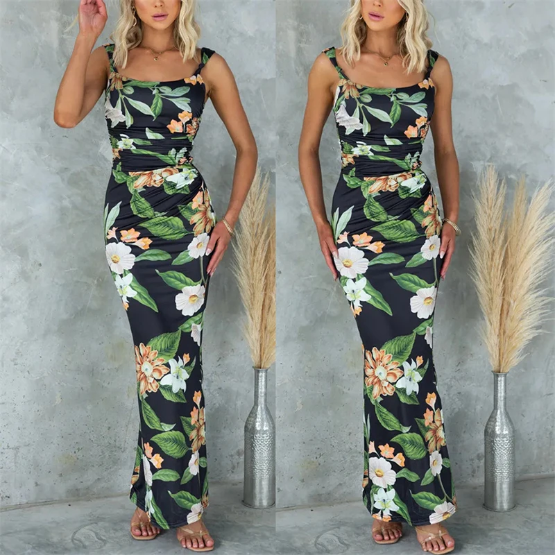 Summer Printed Casual Stretch Sling Dress Holiday Fashionable Pleated Zipper Long Dress European And American Women's Clothing
Summer Printed Casual Stretch Sling Dress Holiday Fashionable Pleated Zipper Long Dress European And American Women's Clothing