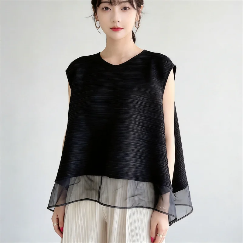Miyake Light Purple Pleated Women's T-shirt Double Layer Crew Neck Sleeveless Casual Daily Meash Patchwork Hem Tee
Miyake Light Purple Pleated Women's T-shirt Double Layer Crew Neck Sleeveless Casual Daily Meash Patchwork Hem Tee