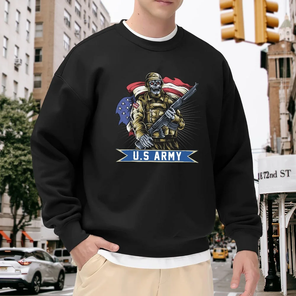 Men's Black Crew Neck Loose Sweatshirt, American Military Style Skull Soldier Print Top, Everyday Street Casual Versatile Trendy Pullover, Comfortable and Breathable
Men's Black Crew Neck Loose Sweatshirt, American Military Style Skull Soldier Print Top, Everyday Street Casual Versatile Trendy Pullover, Comfortable and Breathable