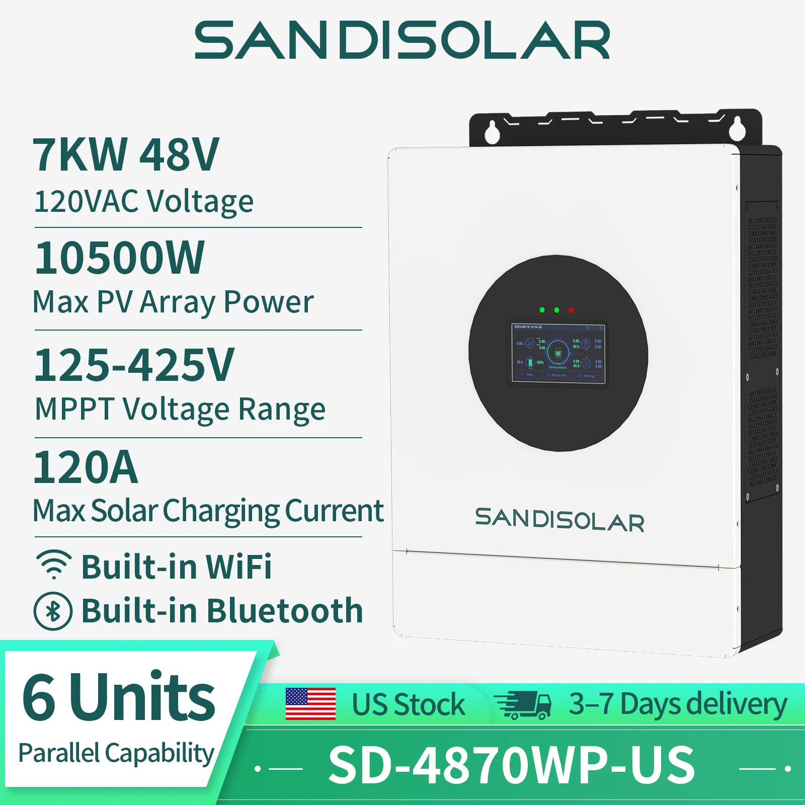 SANDISOLAR 7KW Hybrid Solar Inverter 120V 60Hz 14KW Surge Power 7KW Off Grid Inverter For RV House With 100-500V High Voltage MPPT Input
SANDISOLAR 7KW Hybrid Solar Inverter 120V 60Hz 14KW Surge Power 7KW Off Grid Inverter For RV House With 100-500V High Voltage MPPT Input