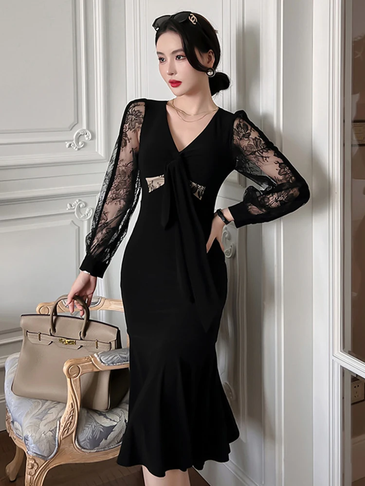 Spring Autumn Women Evening Dress Chic Black Lace Sheer Sexy V-Neck Bodycon Midi Fishtail Party Prom Robe Femme Mujer Vestidos
Spring Autumn Women Evening Dress Chic Black Lace Sheer Sexy V-Neck Bodycon Midi Fishtail Party Prom Robe Femme Mujer Vestidos