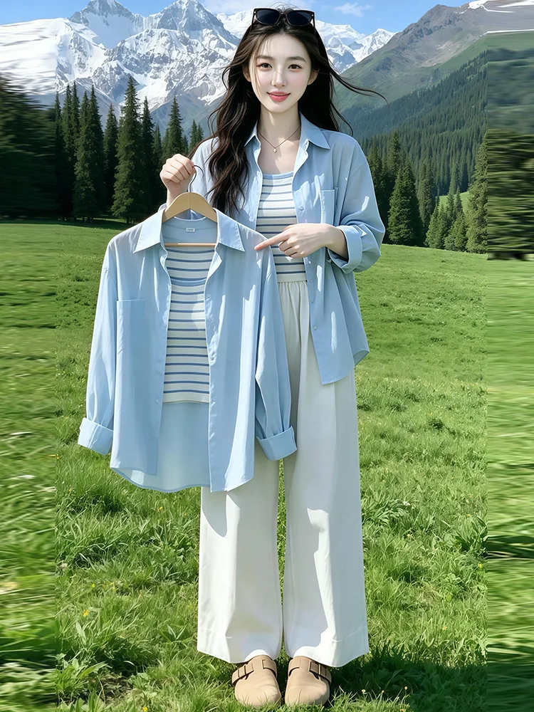 Summer Fashion Women's Three-Piece Set Loose Sun Protection Shirt Strap Vest Wide Leg Pants Casual Style Breathable Polyester
Summer Fashion Women's Three-Piece Set Loose Sun Protection Shirt Strap Vest Wide Leg Pants Casual Style Breathable Polyester