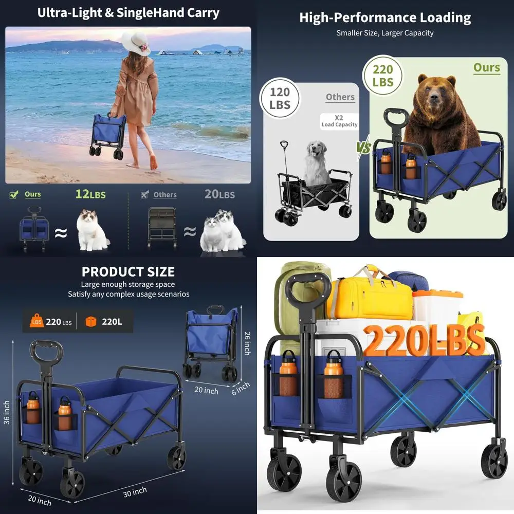 Collapsible Utility Wagon with All-Terrain Wheels, Drink Holders, Adjustable Handle for 220 lbs Capacity - Ideal for Shopping, C
Collapsible Utility Wagon with All-Terrain Wheels, Drink Holders, Adjustable Handle for 220 lbs Capacity - Ideal for Shopping, C