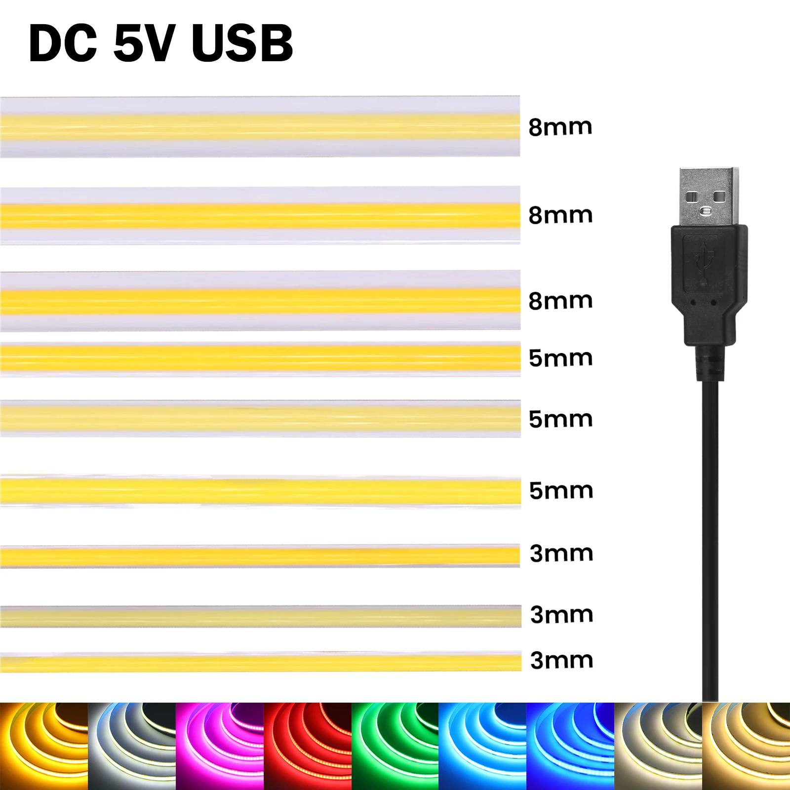 DC 5V USB COB LED Strip Light 3MM 5MM 8MM White Red Blue Green Pink Yellow Flexible Tape Lamp for Home Decor TV Mirror Backlight
DC 5V USB COB LED Strip Light 3MM 5MM 8MM White Red Blue Green Pink Yellow Flexible Tape Lamp for Home Decor TV Mirror Backlight