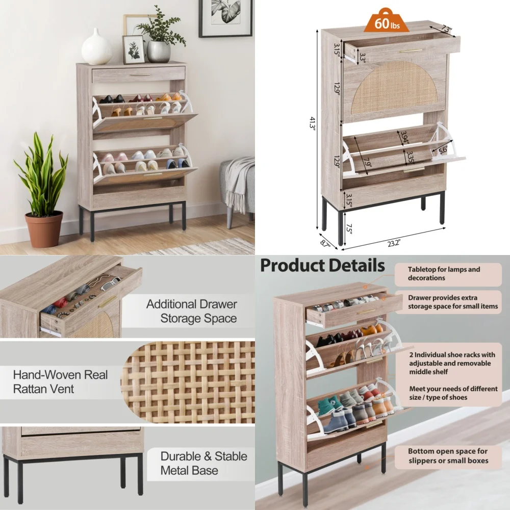 Shoe Storage Cabinet with 2 Rattan Flip Drawers Metal Legs Shoe Rack Organizer for Home Entryway Modern Space Saving Design Wood
Shoe Storage Cabinet with 2 Rattan Flip Drawers Metal Legs Shoe Rack Organizer for Home Entryway Modern Space Saving Design Wood