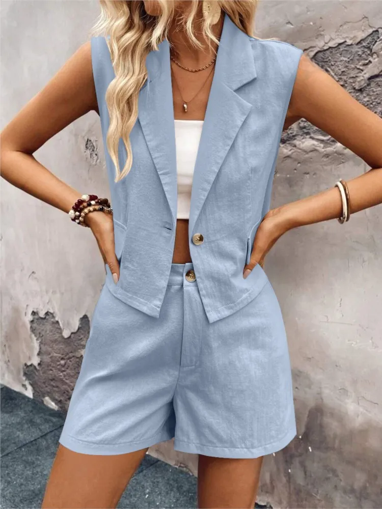 Fashion Solid Set For Women Casual Office Womens Clothing Sleeveless V-Neck Button Tops+Shorts Two Piece Sets Female Summer New
Fashion Solid Set For Women Casual Office Womens Clothing Sleeveless V-Neck Button Tops+Shorts Two Piece Sets Female Summer New