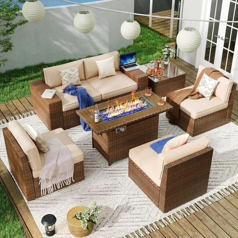 7-Piece Wicker Patio Sectional Set with 44” Fire Pit Table and 4” Thick Cushions for Outdoor Conversation
7-Piece Wicker Patio Sectional Set with 44” Fire Pit Table and 4” Thick Cushions for Outdoor Conversation