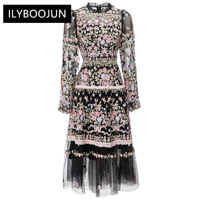 Autumn Midi Mesh Dress Women O-Neck Lantern Sleeve Flowers Embroidery Vintage Party Dresses
Autumn Midi Mesh Dress Women O-Neck Lantern Sleeve Flowers Embroidery Vintage Party Dresses