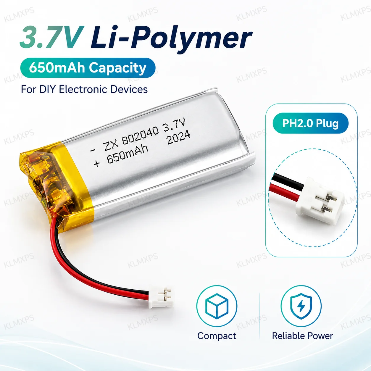 3.7V 650mAh 802040 Lithium Polymer Cell PH2.0 2P Plug Rechargeable Battery for RC Device Massage Instrument GPS Bracelet
3.7V 650mAh 802040 Lithium Polymer Cell PH2.0 2P Plug Rechargeable Battery for RC Device Massage Instrument GPS Bracelet