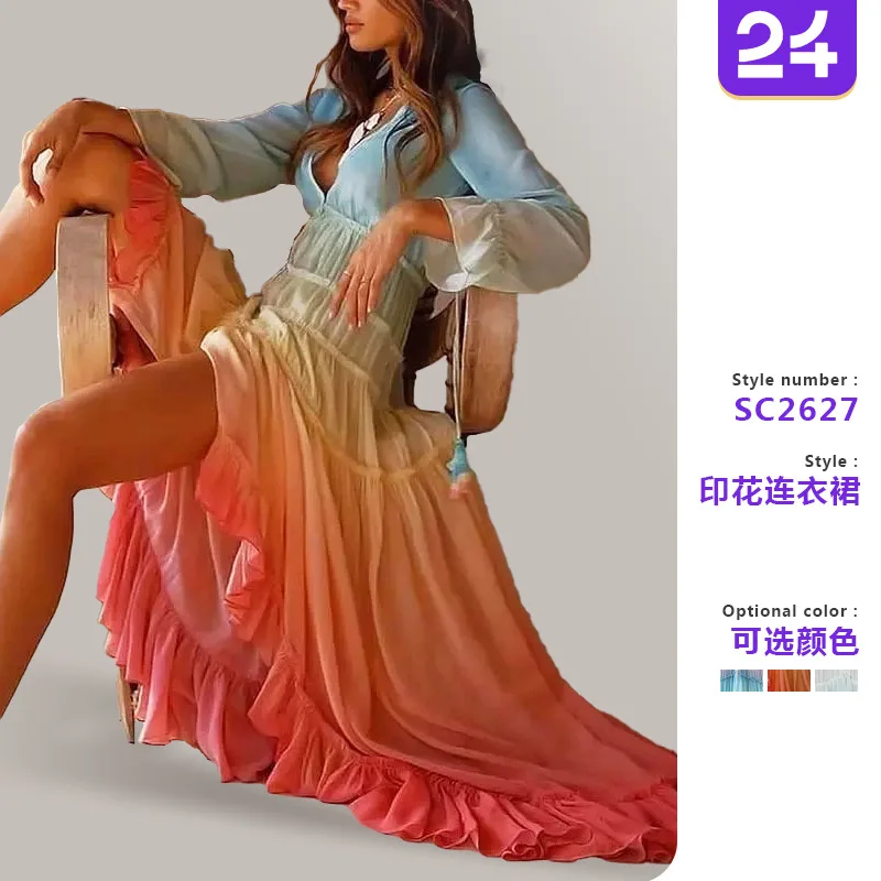 2025 Spring and Summer European and American DeepVLong Sleeve Gradient Printing women Dress NC001 
2025 Spring and Summer European and American DeepVLong Sleeve Gradient Printing women Dress NC001
