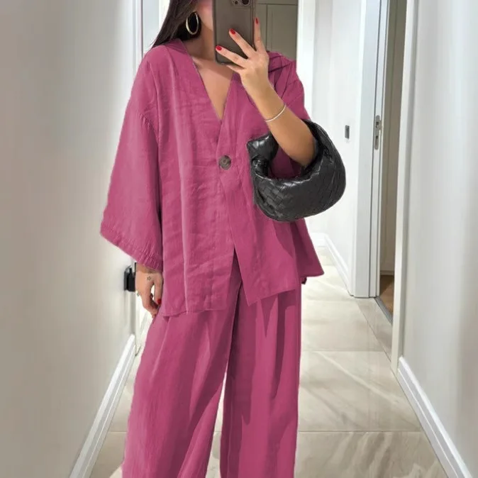 Trousers And Blouse Solid 2 Pieces Suit Cotton And Linen Long Pocket Shirt Loose Women V-neck Top And Wide Leg Pants Casual Set
Trousers And Blouse Solid 2 Pieces Suit Cotton And Linen Long Pocket Shirt Loose Women V-neck Top And Wide Leg Pants Casual Set
