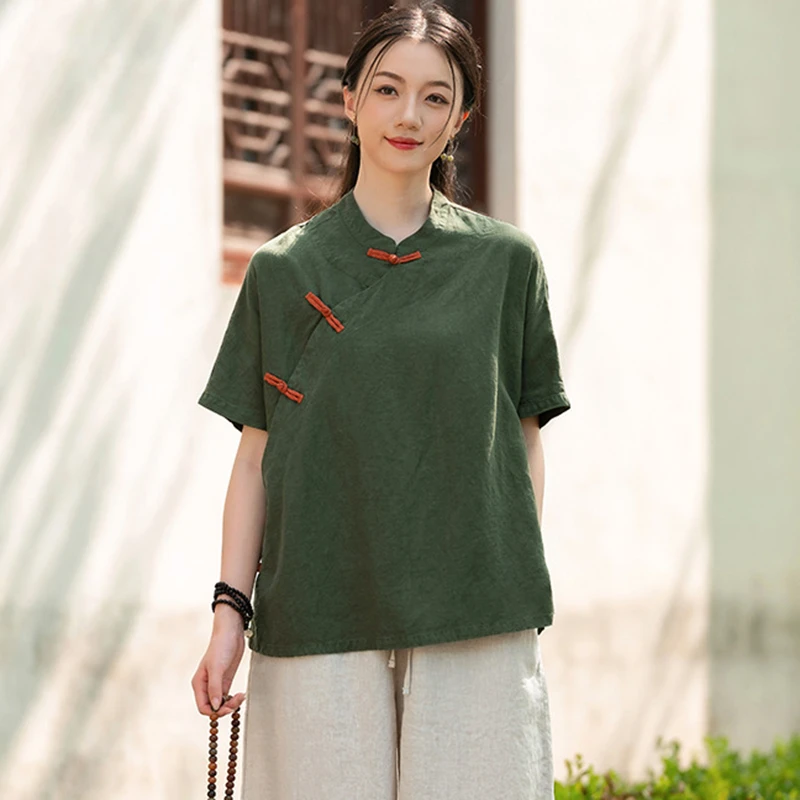 Chinese Style Women Cotton Linen Shirt New 2025 Summer Vintage Stand Collar Solid Color Female Short Sleeve Tops Shirts M1848
Chinese Style Women Cotton Linen Shirt New 2025 Summer Vintage Stand Collar Solid Color Female Short Sleeve Tops Shirts M1848