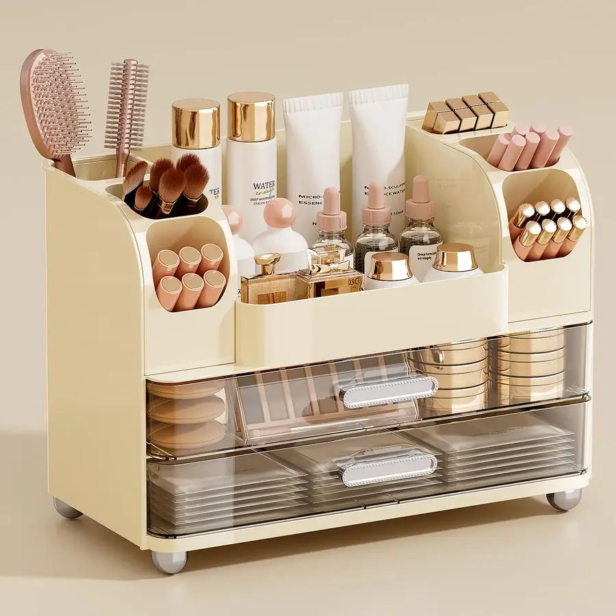 Makeup Organizer for Vanity with 2 Large Drawers, Cosmetic Display Case with Brush Holders, Easy to Storage for Bathroom Counte
Makeup Organizer for Vanity with 2 Large Drawers, Cosmetic Display Case with Brush Holders, Easy to Storage for Bathroom Counte