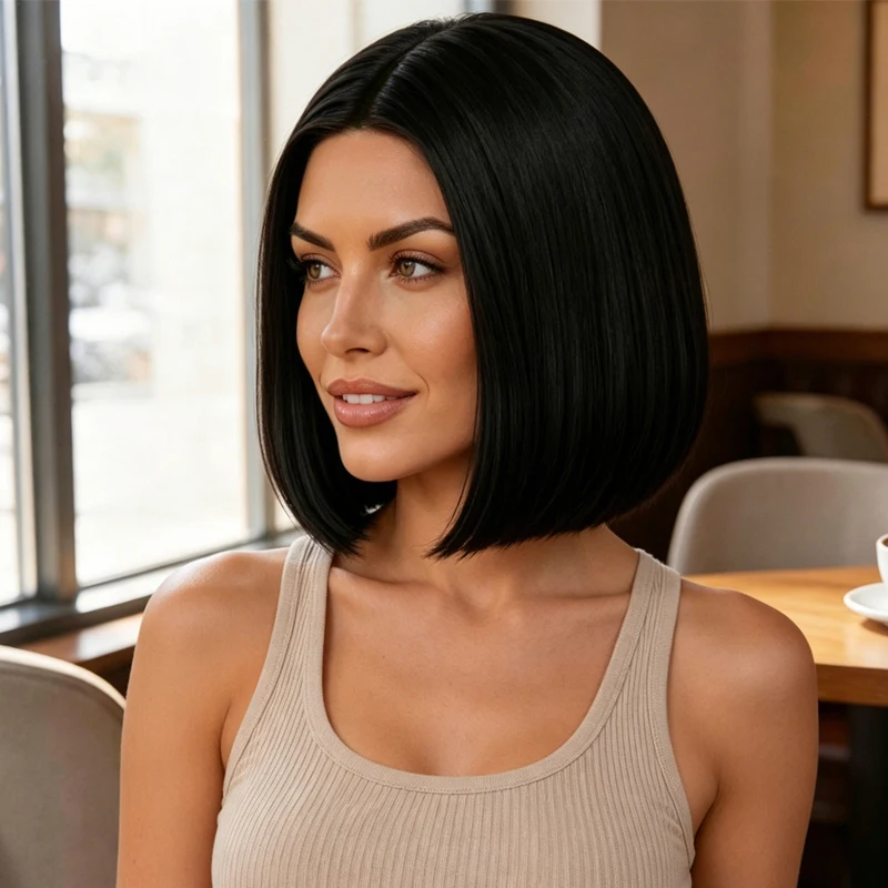 12-inch synthetic black shoulder-length wig for women, no bangs, smooth and versatile, suitable for everyday wear.
12-inch synthetic black shoulder-length wig for women, no bangs, smooth and versatile, suitable for everyday wear.