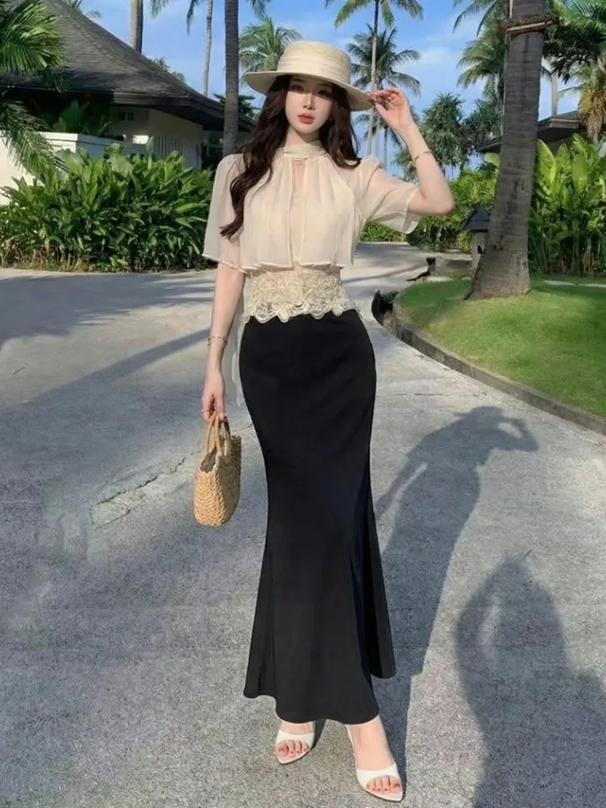 Elegant Lace Splice Chiffon Top with Fish Tail Half Skirt Two Piece Set Summer New Style High Waist Anti-Wrinkle Zipper Closure
Elegant Lace Splice Chiffon Top with Fish Tail Half Skirt Two Piece Set Summer New Style High Waist Anti-Wrinkle Zipper Closure
