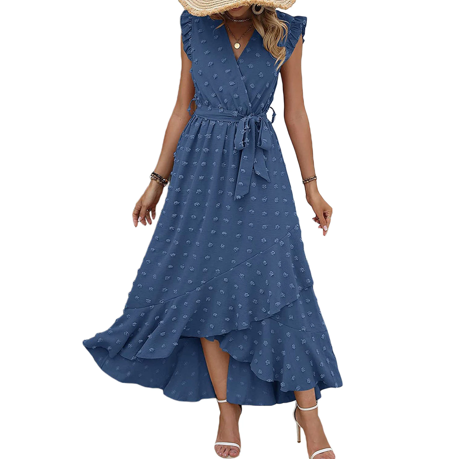 Women Summer Bohemian Holiday Flowy Long Dress Swiss Dot V-Neck Fly Sleeve Ruffles Irregular Fashion Party Beach Dress with Belt
Women Summer Bohemian Holiday Flowy Long Dress Swiss Dot V-Neck Fly Sleeve Ruffles Irregular Fashion Party Beach Dress with Belt