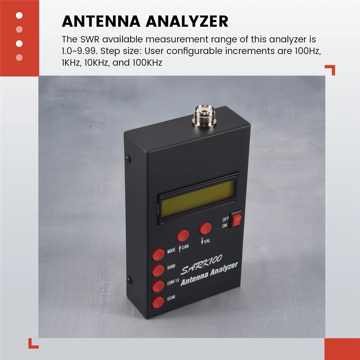 A44TSARK100 Antenna Analyzer Meter 1-60MHz Shortwave SWR Antenna Analyzer with 1.0 to 9.99 SWR Usable Measurement Range
A44TSARK100 Antenna Analyzer Meter 1-60MHz Shortwave SWR Antenna Analyzer with 1.0 to 9.99 SWR Usable Measurement Range