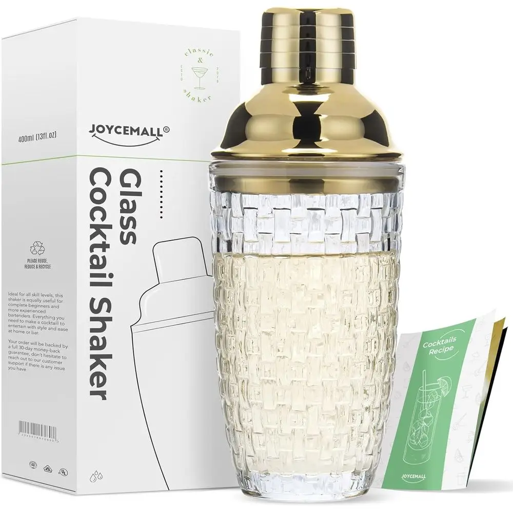 Gold 13 oz Glass Cocktail Shaker Set with Steel Lid and Built-in Strainer for Mixing Whiskey, Margarita, and More
Gold 13 oz Glass Cocktail Shaker Set with Steel Lid and Built-in Strainer for Mixing Whiskey, Margarita, and More
