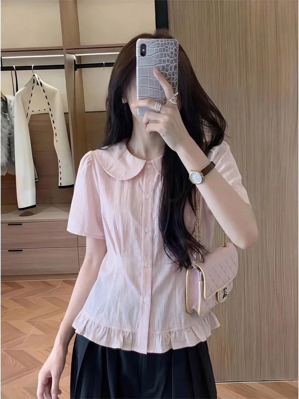 Summer 2026 Women's French Style Loose Fit Shirt Short Sleeve Baby Doll Collar Cool Sensation plus Size Slimming Light Pink
Summer 2026 Women's French Style Loose Fit Shirt Short Sleeve Baby Doll Collar Cool Sensation plus Size Slimming Light Pink
