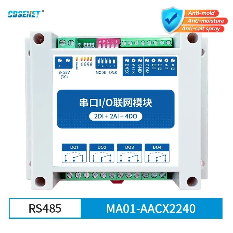 Modbus RTU I/O Network Module RS485 Control I/O with Serial Port 2DI+2AI+4DO CDSENET MA01-AACX2240 Watchdog
Modbus RTU I/O Network Module RS485 Control I/O with Serial Port 2DI+2AI+4DO CDSENET MA01-AACX2240 Watchdog