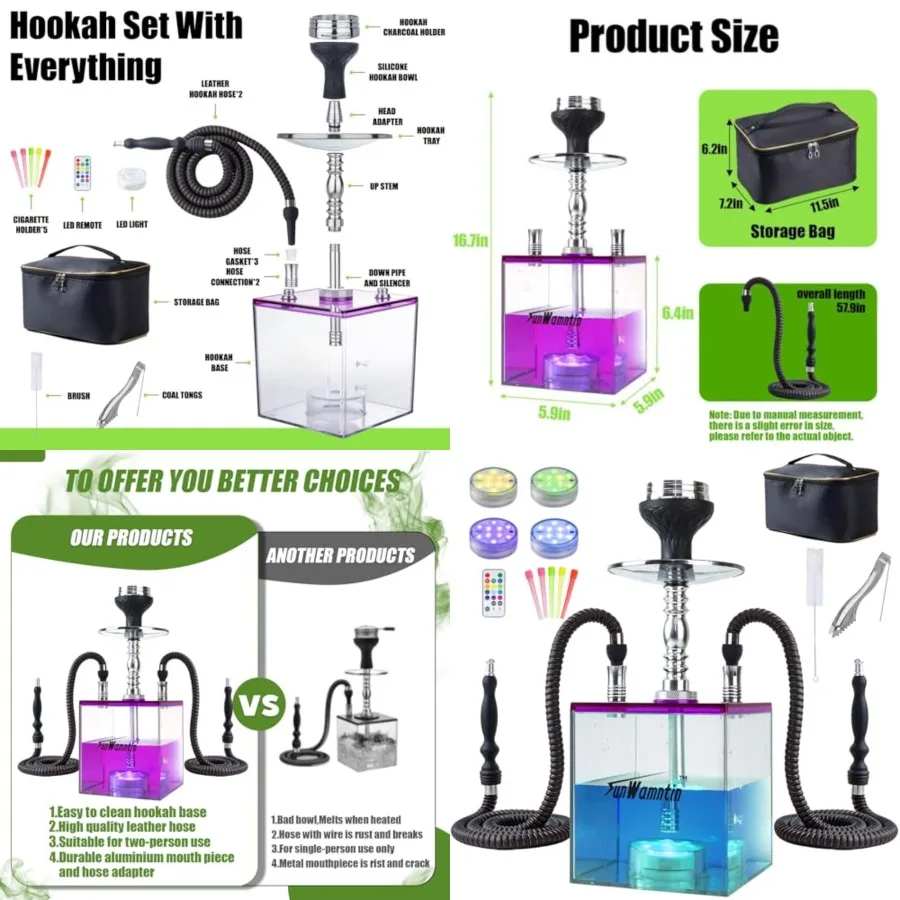 Purple 2 Hose Large Hookah Square Large Cloud Production Hookah Set with Everything, Travel Shisha Kit with LED Base, Cleaning
Purple 2 Hose Large Hookah Square Large Cloud Production Hookah Set with Everything, Travel Shisha Kit with LED Base, Cleaning