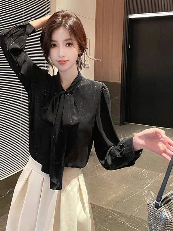Elegant Black Long Sleeve Shirt Women's Spring Design Sense Sash Chiffon Top Knot French Style Loose Fit Regular Th...
Elegant Black Long Sleeve Shirt Women's Spring Design Sense Sash Chiffon Top Knot French Style Loose Fit Regular Th...