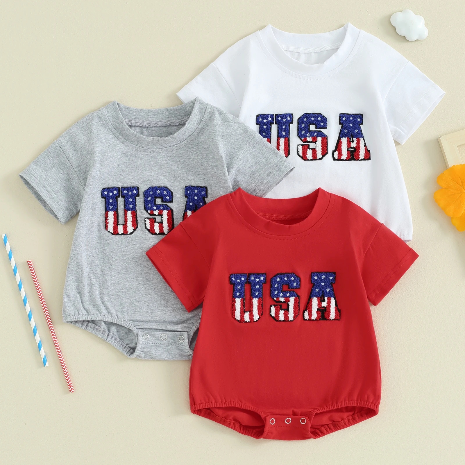 Baby Girls Boys Independence Day Romper Bubble Short Sleeve Crew Neck Letter Embroidery Casual Bodysuits 4th of July Outfits
Baby Girls Boys Independence Day Romper Bubble Short Sleeve Crew Neck Letter Embroidery Casual Bodysuits 4th of July Outfits