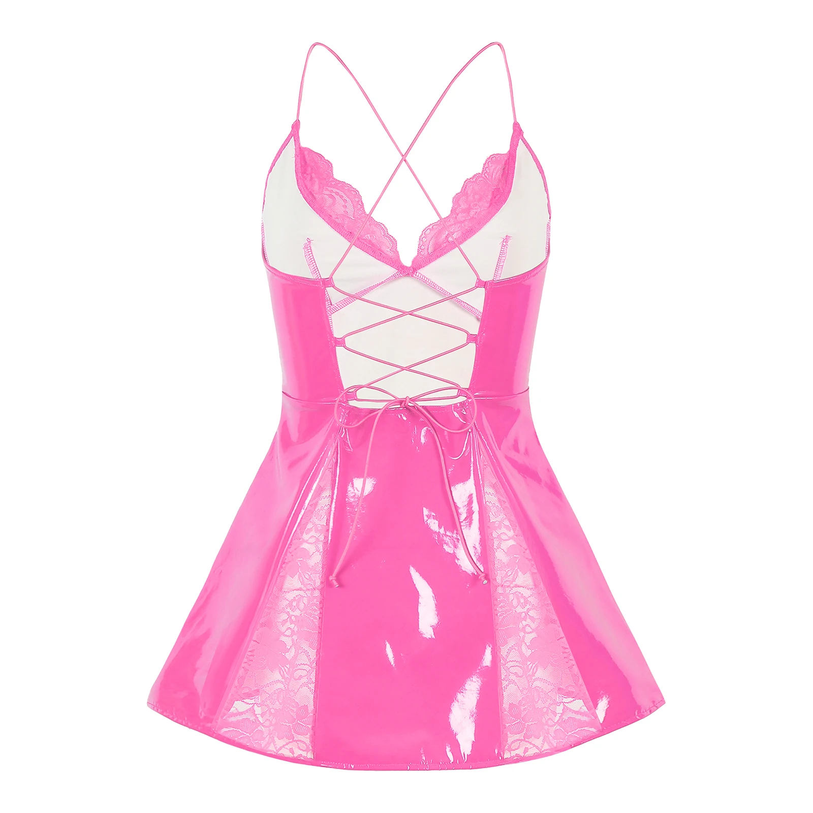 Women Wet Look PU Leather Minidress with Sheer Floral Lace Patchwork V Neck Pleated A-line Dress Lace-up Sleep Dress Clubwear
Women Wet Look PU Leather Minidress with Sheer Floral Lace Patchwork V Neck Pleated A-line Dress Lace-up Sleep Dress Clubwear
