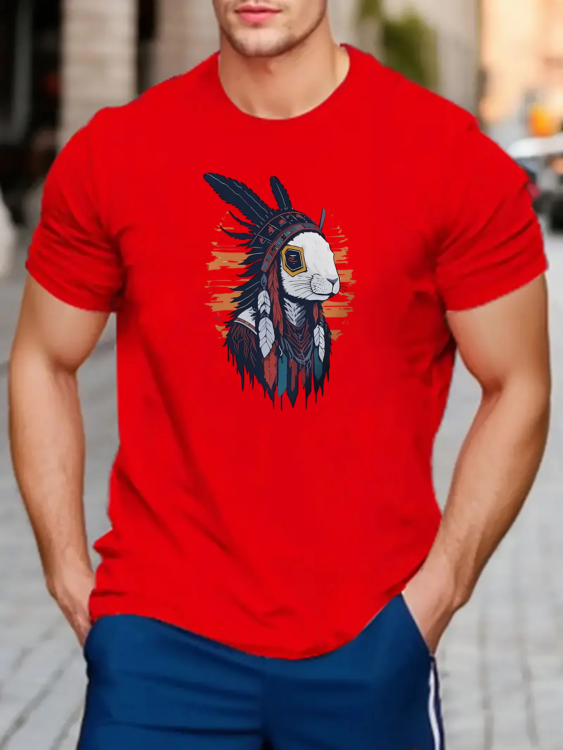 Men's Casual Crew Neck T-Shirt with Native Rabbit Print - Polyester Knit Fabric, Regular Fit, Animal Graphic Tee for Summer
Men's Casual Crew Neck T-Shirt with Native Rabbit Print - Polyester Knit Fabric, Regular Fit, Animal Graphic Tee for Summer