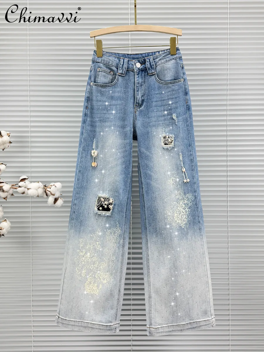 Fashion Faux Distressed Denim Pants Women Spring New High-waisted Loose Fit Versatile Printed Wide-leg Pants Hotfix Rhinestones
Fashion Faux Distressed Denim Pants Women Spring New High-waisted Loose Fit Versatile Printed Wide-leg Pants Hotfix Rhinestones