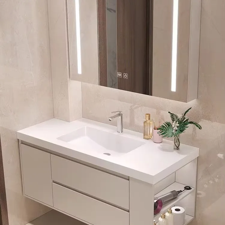 Simple Style Solid Wood Bathroom Cabinet Set with Integrated Stone Basin
Simple Style Solid Wood Bathroom Cabinet Set with Integrated Stone Basin