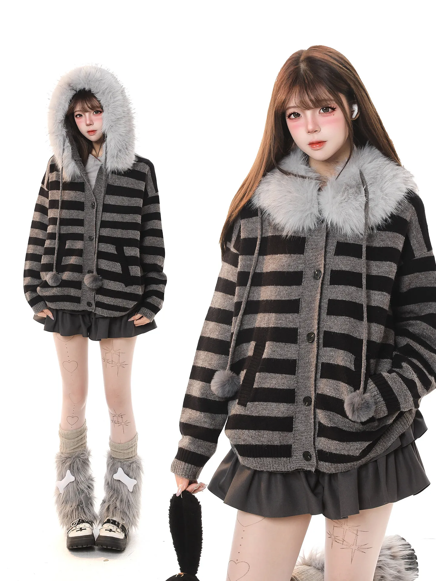 Korean Casual Sle Striped Fur Collar Hoodie Women's Autumn Winter Loose Lazy Knitted Open Cardigan Outerwear
Korean Casual Sle Striped Fur Collar Hoodie Women's Autumn Winter Loose Lazy Knitted Open Cardigan Outerwear