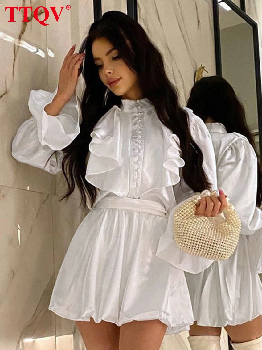 TTQV Fashion Loose White Satin Women's Dress Autumn Stand Collar Long Sleeve Mini Dresses Elegant Classic Ruffles Female Dress
TTQV Fashion Loose White Satin Women's Dress Autumn Stand Collar Long Sleeve Mini Dresses Elegant Classic Ruffles Female Dress