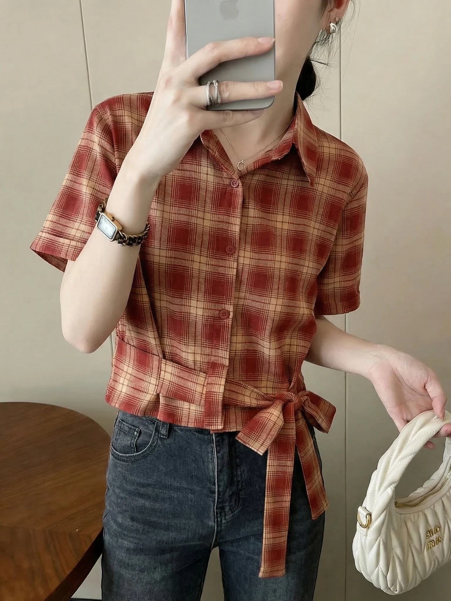 Salt Series Red Plaid Short Sleeve Shirt Women's plus Size Spring Summer New Style Big Size Micro Fat MM Belt Waist in
Salt Series Red Plaid Short Sleeve Shirt Women's plus Size Spring Summer New Style Big Size Micro Fat MM Belt Waist in