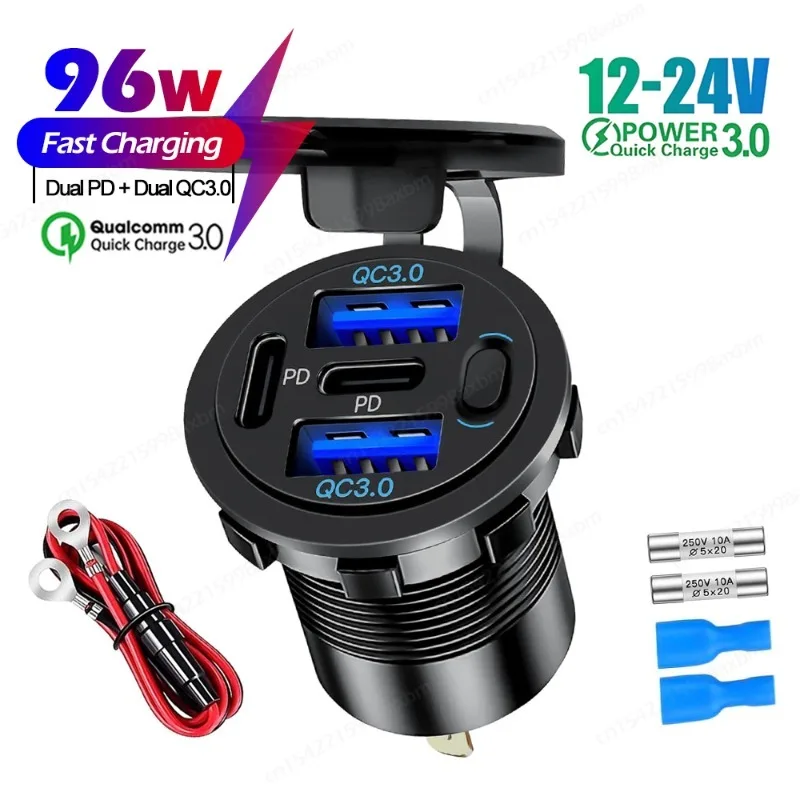 NEW 4-Ports 12V Car USB Outlet Charger Dual PD Type-C & QC3.0 Multiple Fast Charging Port with Switch for Marine Boat Motorcycle
NEW 4-Ports 12V Car USB Outlet Charger Dual PD Type-C & QC3.0 Multiple Fast Charging Port with Switch for Marine Boat Motorcycle