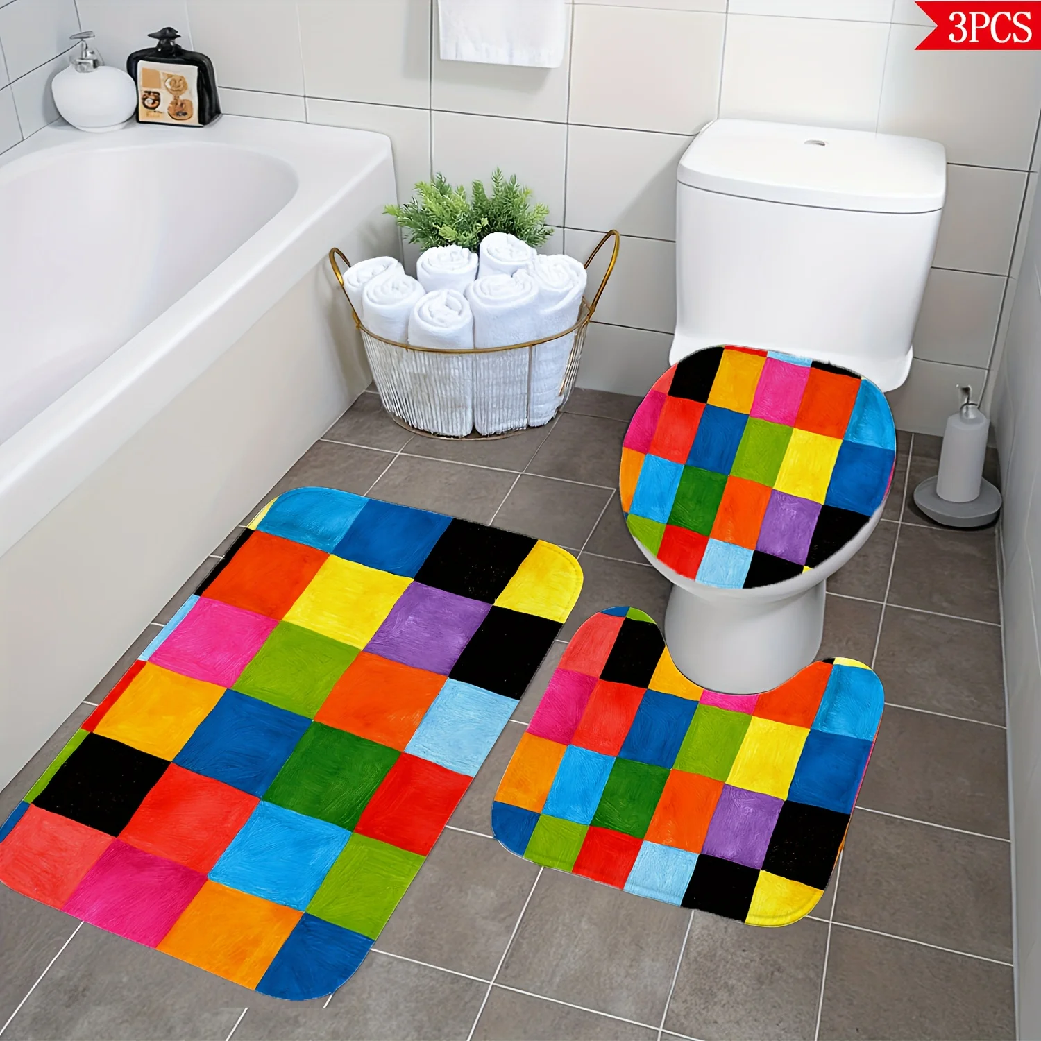 Colorful Patchwork 3pc Bath Set – Bright Square Design, Soft Flannel Toilet Cover, U Mat & Floor Rug, Non-Slip Decor
Colorful Patchwork 3pc Bath Set – Bright Square Design, Soft Flannel Toilet Cover, U Mat & Floor Rug, Non-Slip Decor