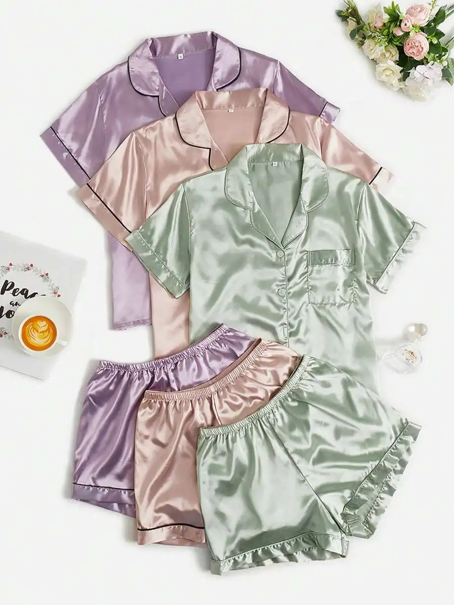 6pcs Satin Pajama Set With Lapel Collar And Contrast Piping
6pcs Satin Pajama Set With Lapel Collar And Contrast Piping