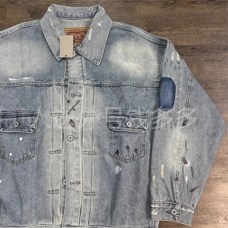 SAINT MICHAEL Denim Jackets Men Women High Quality Hole Blue Washed Vintage Oversized Jacket
SAINT MICHAEL Denim Jackets Men Women High Quality Hole Blue Washed Vintage Oversized Jacket