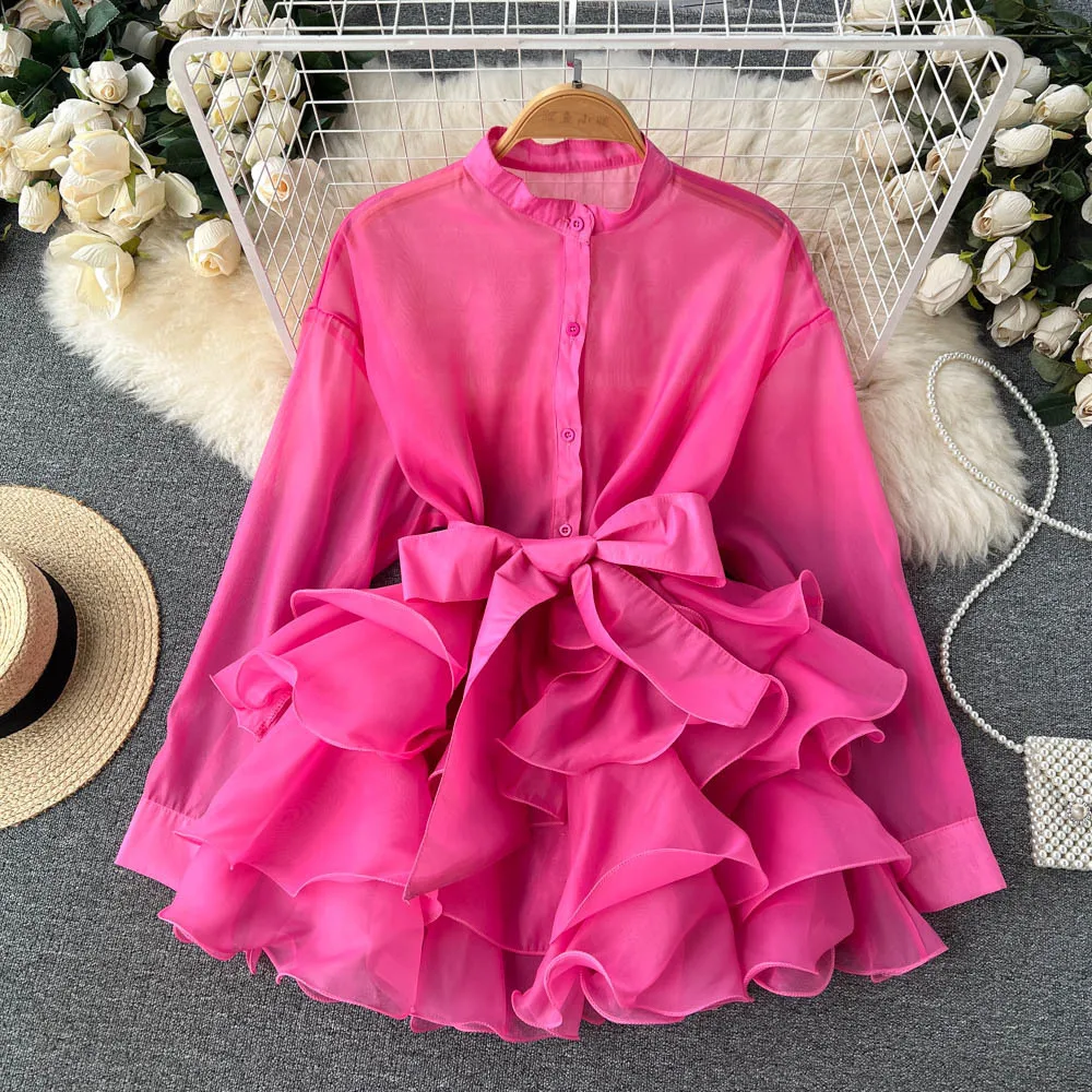 Chiffon chic top for women's autumn wear, new style with ruffled edges, high-end design, bow tie, and strap, niche
Chiffon chic top for women's autumn wear, new style with ruffled edges, high-end design, bow tie, and strap, niche