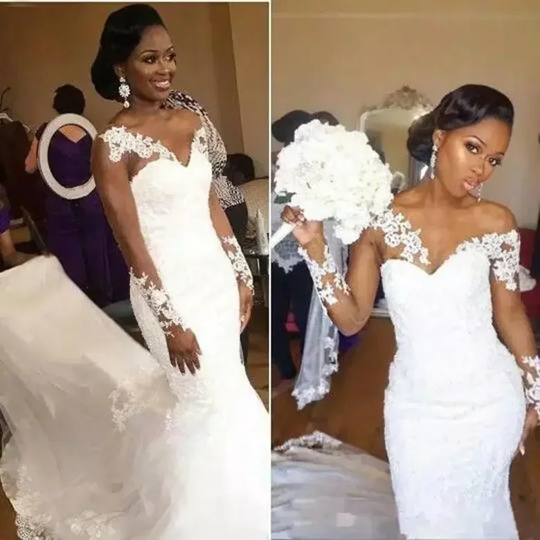 Customized African Church Robes Sheer Wedding Dresses Long Sleeves Lace Mermaid Custom Made Appliques Bridal Formal
Customized African Church Robes Sheer Wedding Dresses Long Sleeves Lace Mermaid Custom Made Appliques Bridal Formal