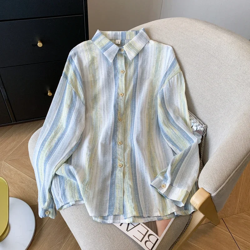 Рубашка женская в полоску, хлопково-Льняная блузка в винтажном стиле, модный Свободный Топ с длинным рукавом, в Корейском стиле, на лето 
Рубашка женская в полоску, хлопково-Льняная блузка в винтажном стиле, модный Свободный Топ с длинным рукавом, в Корейском стиле, на лето