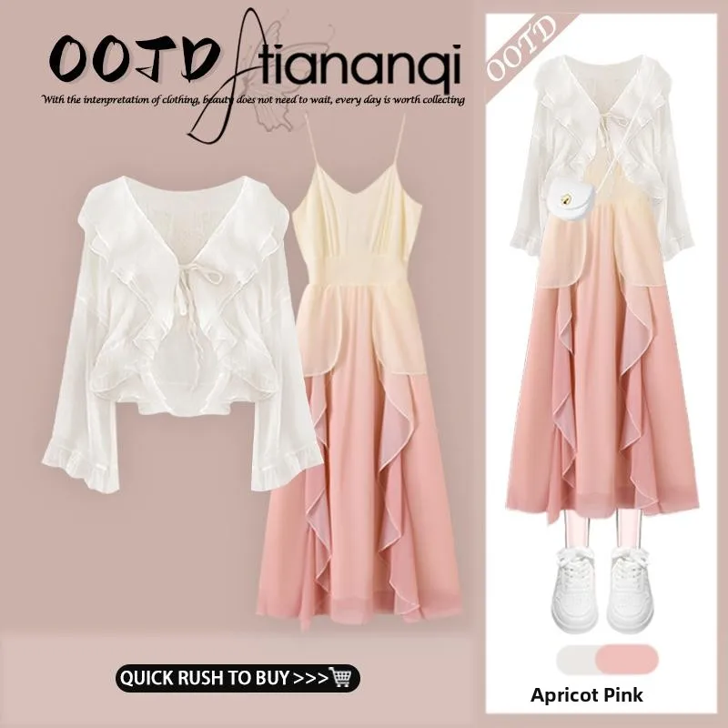 Spring New Short Style Women's Cardigan Coat with Ruffle Hem And Gradient Strap Dress Set Fashionable Two-Piece Suit
Spring New Short Style Women's Cardigan Coat with Ruffle Hem And Gradient Strap Dress Set Fashionable Two-Piece Suit