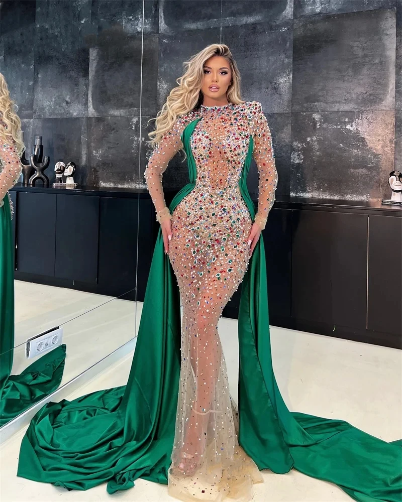 Fashion Long Sleeves Crystal Mermaid Prom Dress See Through Illusion Satin Evening Party Dress Custom Made فساتين السهرة
Fashion Long Sleeves Crystal Mermaid Prom Dress See Through Illusion Satin Evening Party Dress Custom Made فساتين السهرة