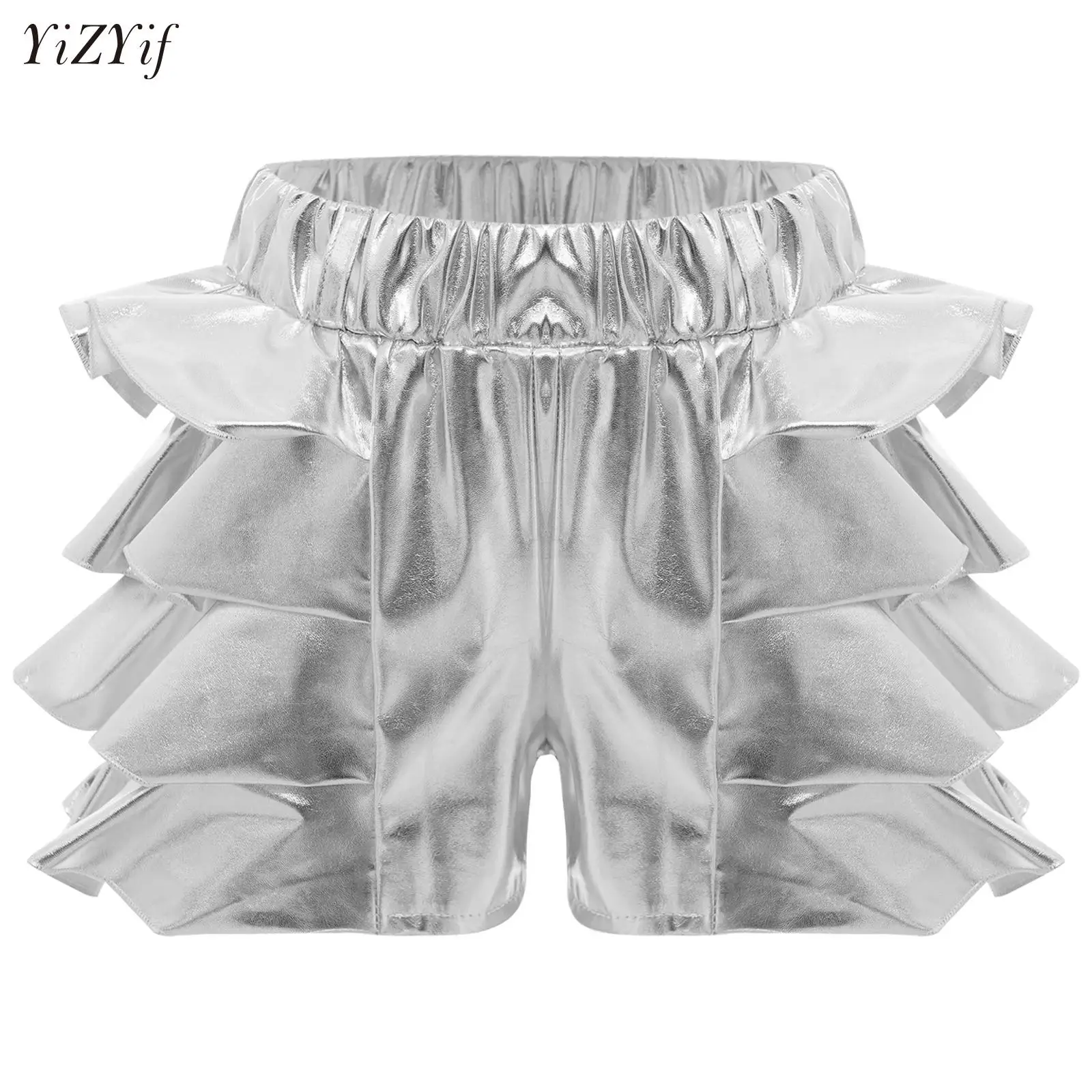 Kids Girls Metallic Skirted Shorts Elastic Waistband Tiered Ruffle Culotte for Jazz Dance Cheerleading Activites Performance
Kids Girls Metallic Skirted Shorts Elastic Waistband Tiered Ruffle Culotte for Jazz Dance Cheerleading Activites Performance