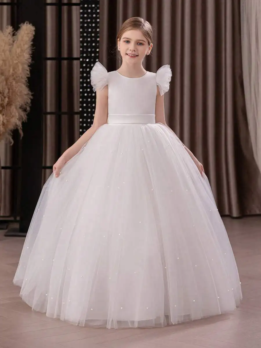 Elegant White Ball Gown With Ruffled Sleeves And Pearl Embellishments For Formal Evening
Elegant White Ball Gown With Ruffled Sleeves And Pearl Embellishments For Formal Evening