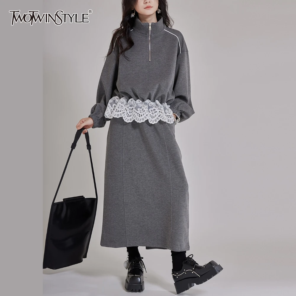 TWOTWINSTYLE Solid Spliced Lace Two Piece Set Female Turtleneck Long Sleeve Jacket Loose Chic Women's Long Skirt Set Fashion New
TWOTWINSTYLE Solid Spliced Lace Two Piece Set Female Turtleneck Long Sleeve Jacket Loose Chic Women's Long Skirt Set Fashion New