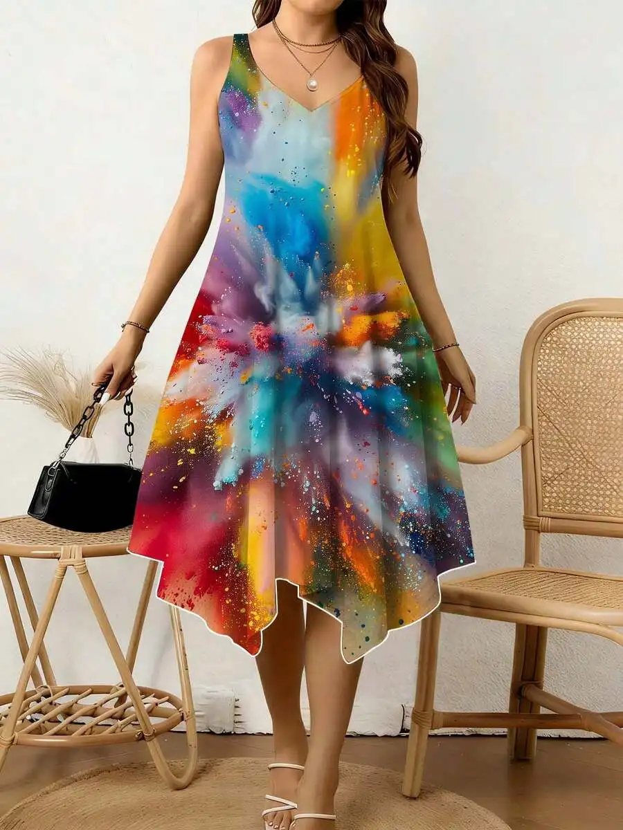 Colorful Abstract Print Women V Neck Sleeveless Dress Irregular Hem Casual Summer Vacation Wear
Colorful Abstract Print Women V Neck Sleeveless Dress Irregular Hem Casual Summer Vacation Wear