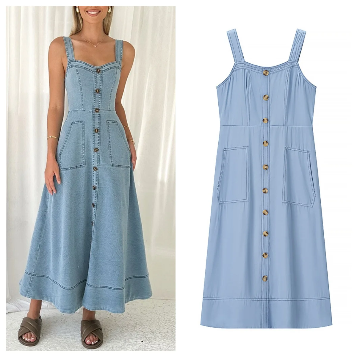 European and American style 2025 new style temperament slim high waist single-breasted long denim suspender dress
European and American style 2025 new style temperament slim high waist single-breasted long denim suspender dress