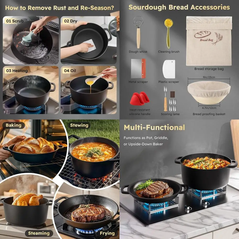 5QT Cast Iron Dutch Oven for Bread Baking, Proofing Basket Sourdough Starter Kit, 2 in 1 Bread Making Pan Pot with Lid, Sour Dou
5QT Cast Iron Dutch Oven for Bread Baking, Proofing Basket Sourdough Starter Kit, 2 in 1 Bread Making Pan Pot with Lid, Sour Dou